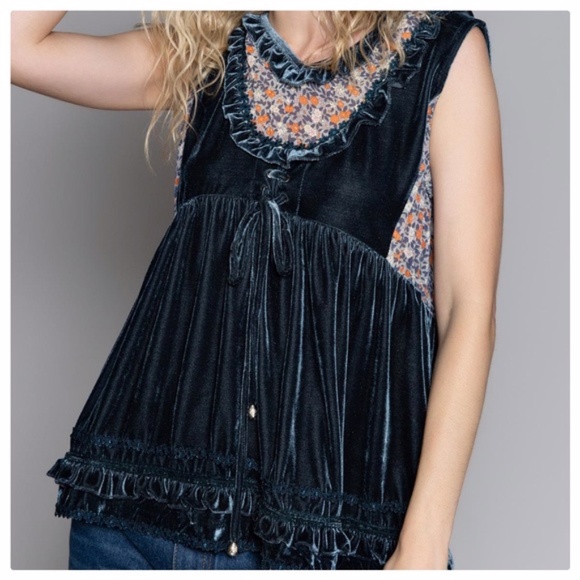 POL Midnight Blue Velvet Babydoll Top - Picture 5 of 8